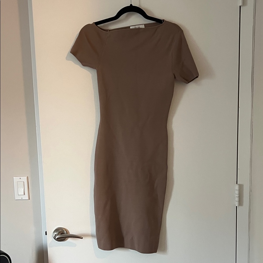 Reiss Asymmetric Neck Sheath Dress in Taupe